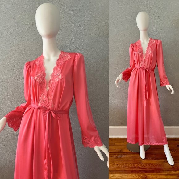 Olga Intimates Sleepwear Vintage S S Pink Nylon Olga Victorian Lingerie Lace Long Robe